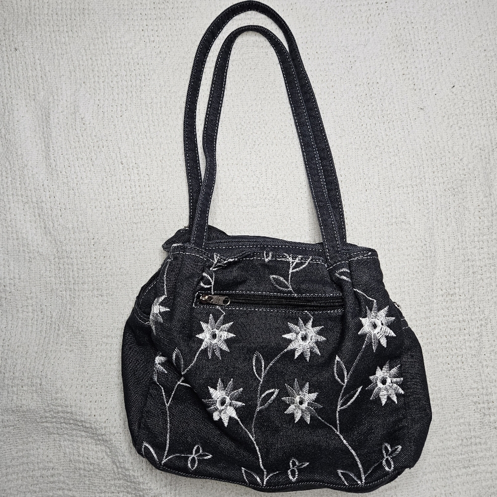 Demin Hobo Purse Bag Chic Flower Accent Vintage